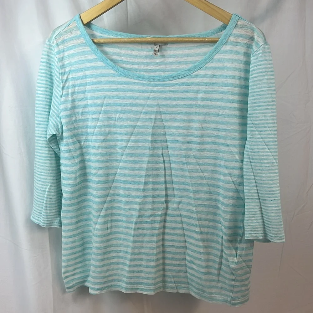 Joie Striped Linen 3/4 Sleeve Top, Small, Aqua White Kilinda Yarn-Dyed Slub Tee - Picture 1 of 9